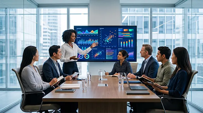 Diverse team of recruitment managers discussing candidate behavioral analytics in a modern office.
