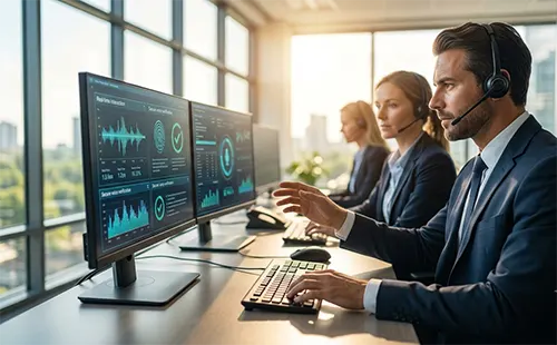 Cybersecurity specialist monitoring voice authentication and synthetic identity security metrics