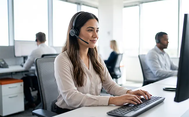 A dedicated contact centre agent confidently assisting a customer in a bright office
