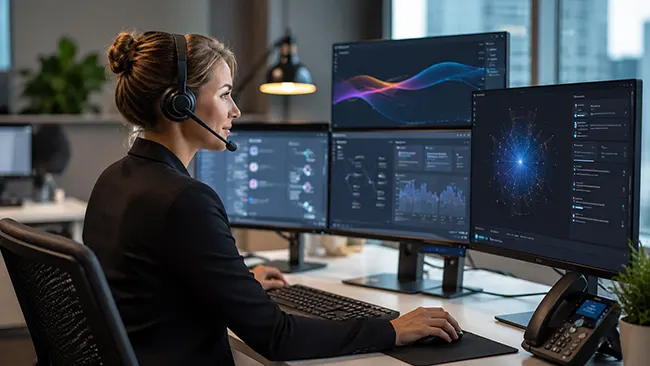 Customer service operations floor with modern digital workflow interfaces on screen displays.