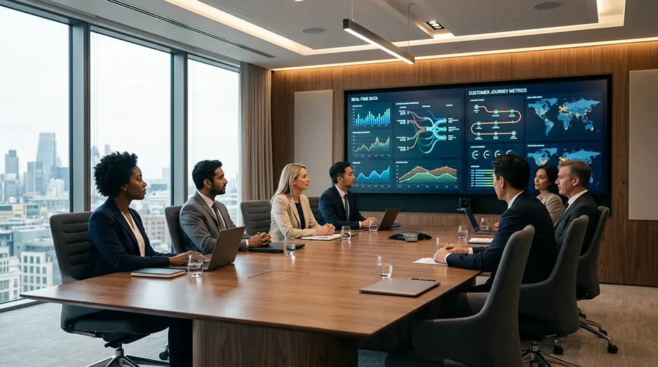 Modern executive boardroom meeting focusing on customer experience transformation governance and analytics
