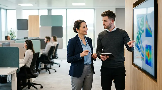 Operations manager analyzing contact Centre performance metrics on digital enterprise dashboards